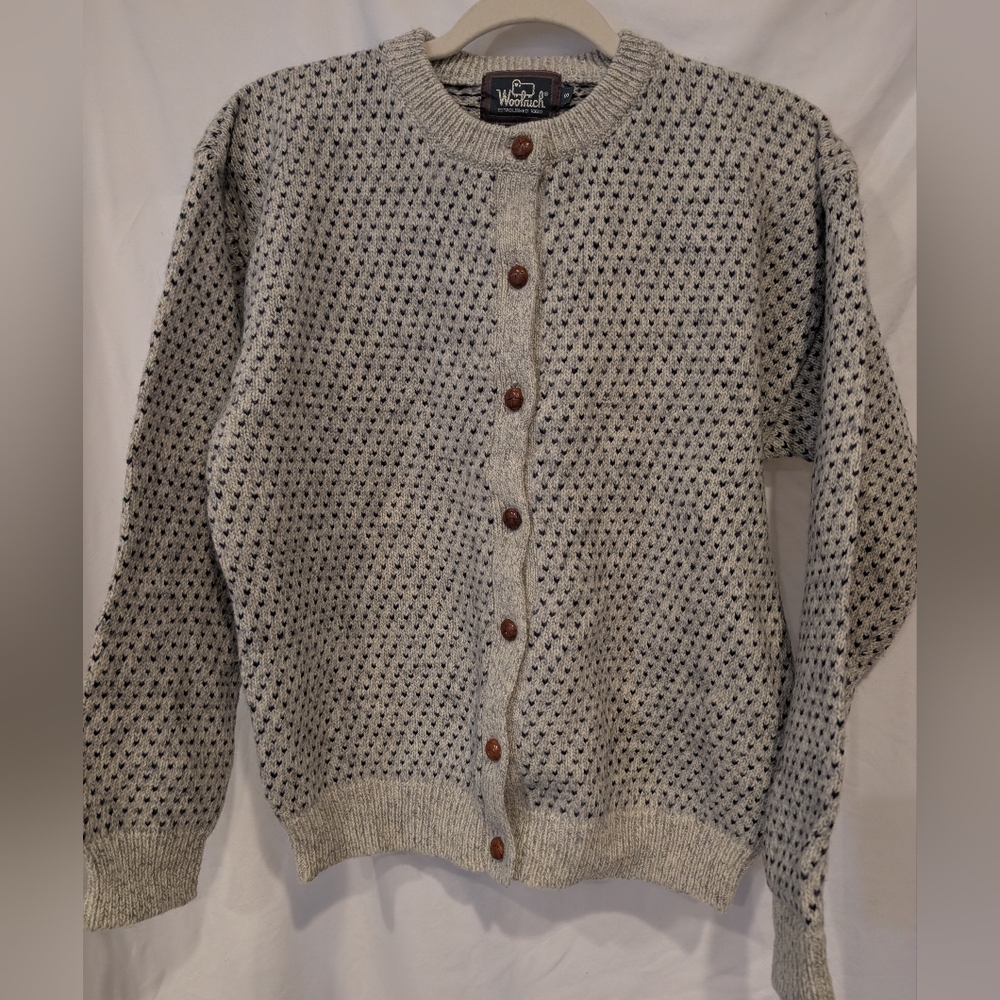 Vintage Men or Womens Woolrich Button-Up Cardigan Gray & Navy Wood buttons